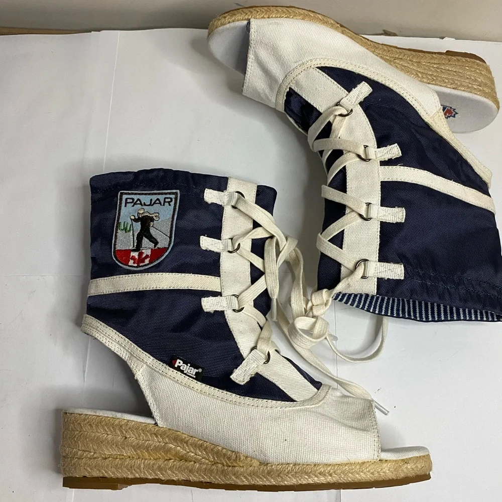 NWOT Pajar Nautical Navy Canvas Lace Up Espadrille Wedge Bootie Sandals 7